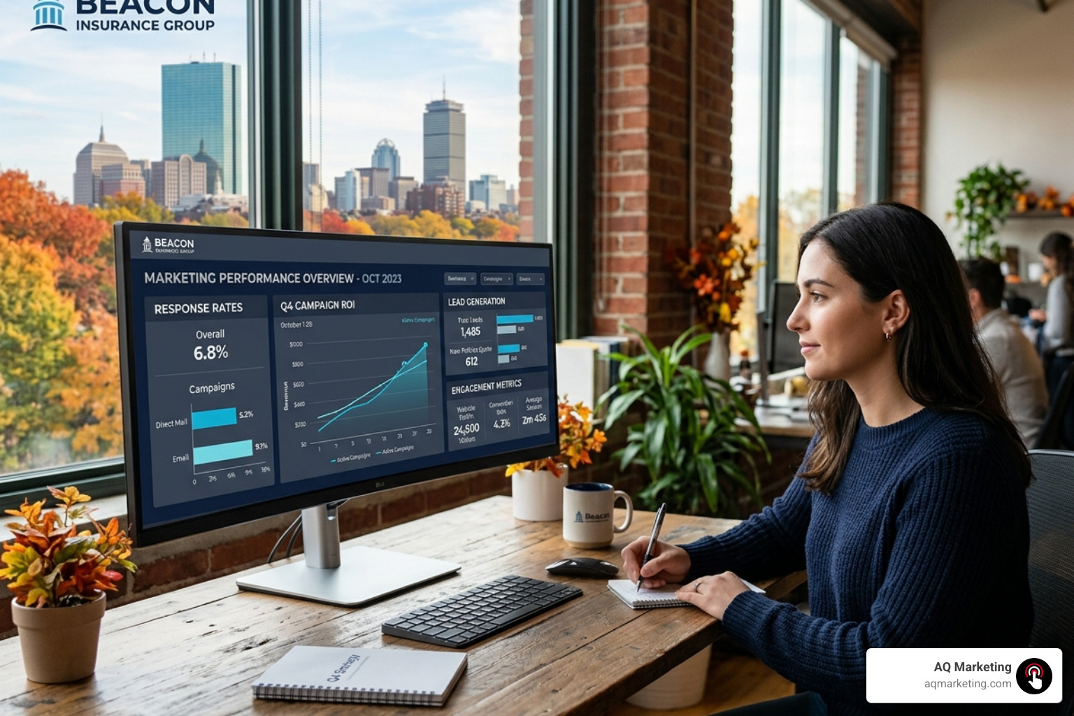 A digital dashboard showing key performance indicators for insurance marketing, featuring a clean New England aesthetic A digital dashboard showing key performance indicators for insurance marketing, featuring a clean New England aesthetic