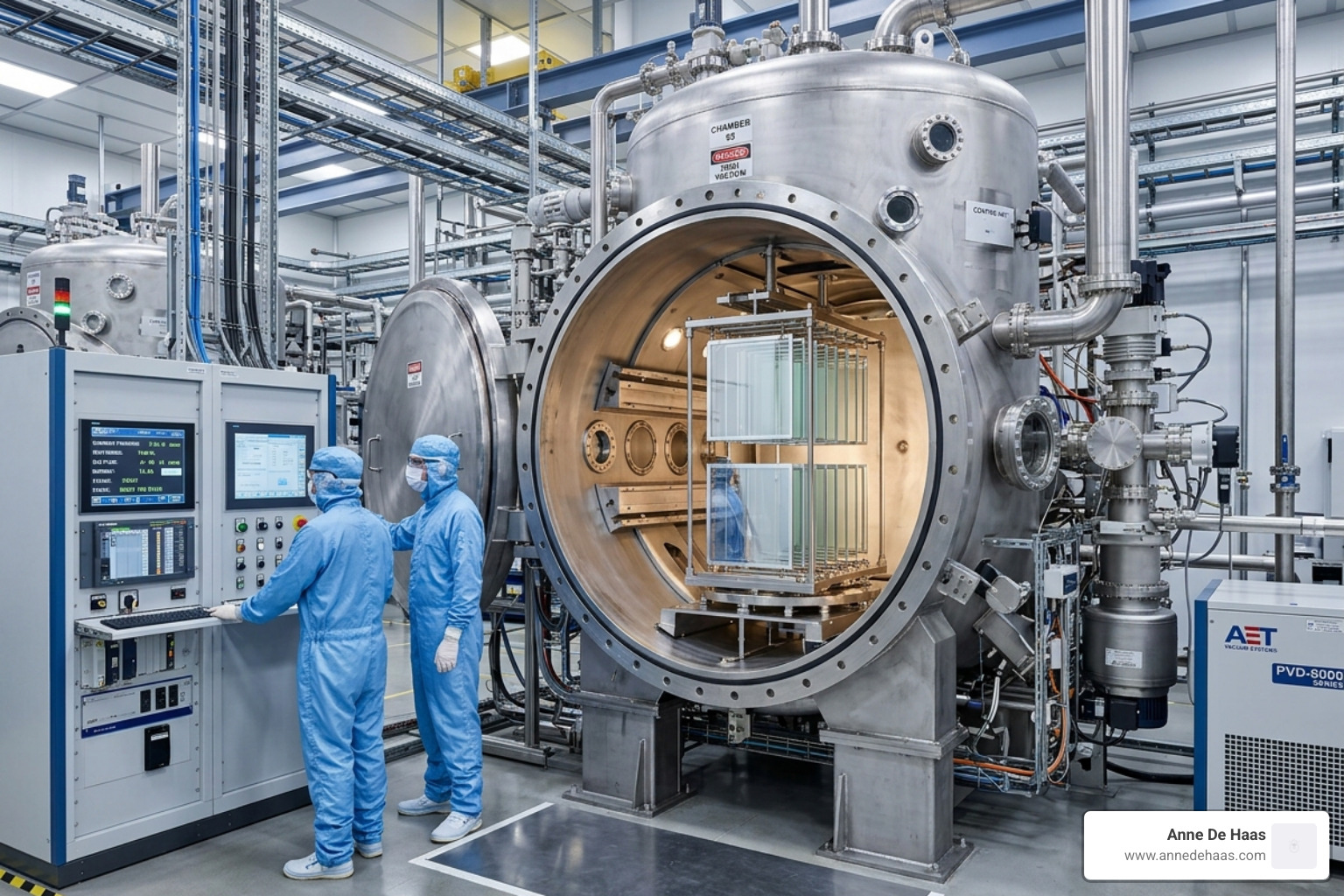 A large industrial vacuum deposition chamber used to apply metallic coatings to glass - how are two way mirrors made