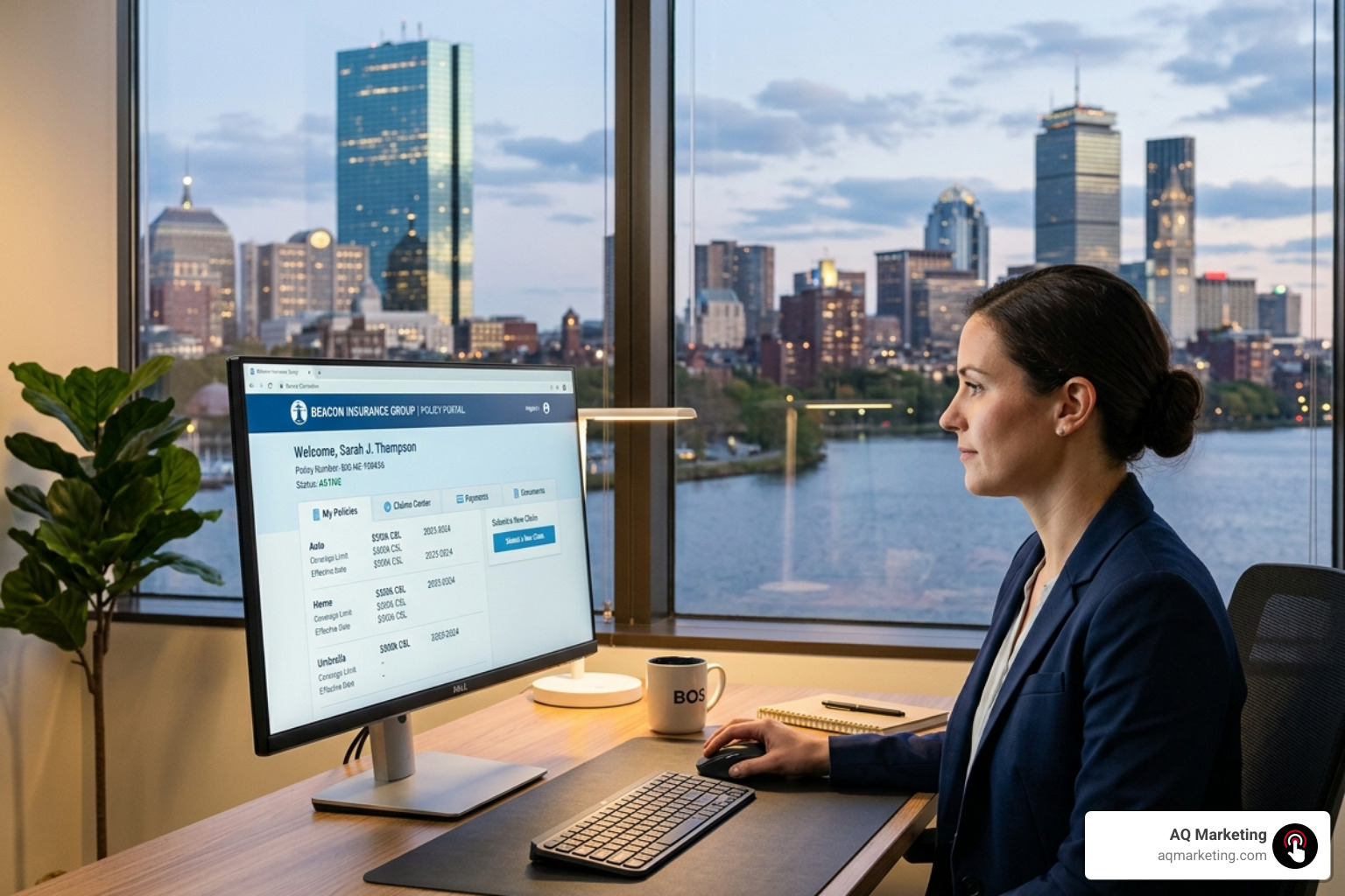 A secure digital interface showing an insurance policy portal with a Boston-area skyline in the background - Insurance A secure digital interface showing an insurance policy portal with a Boston-area skyline in the background - Insurance