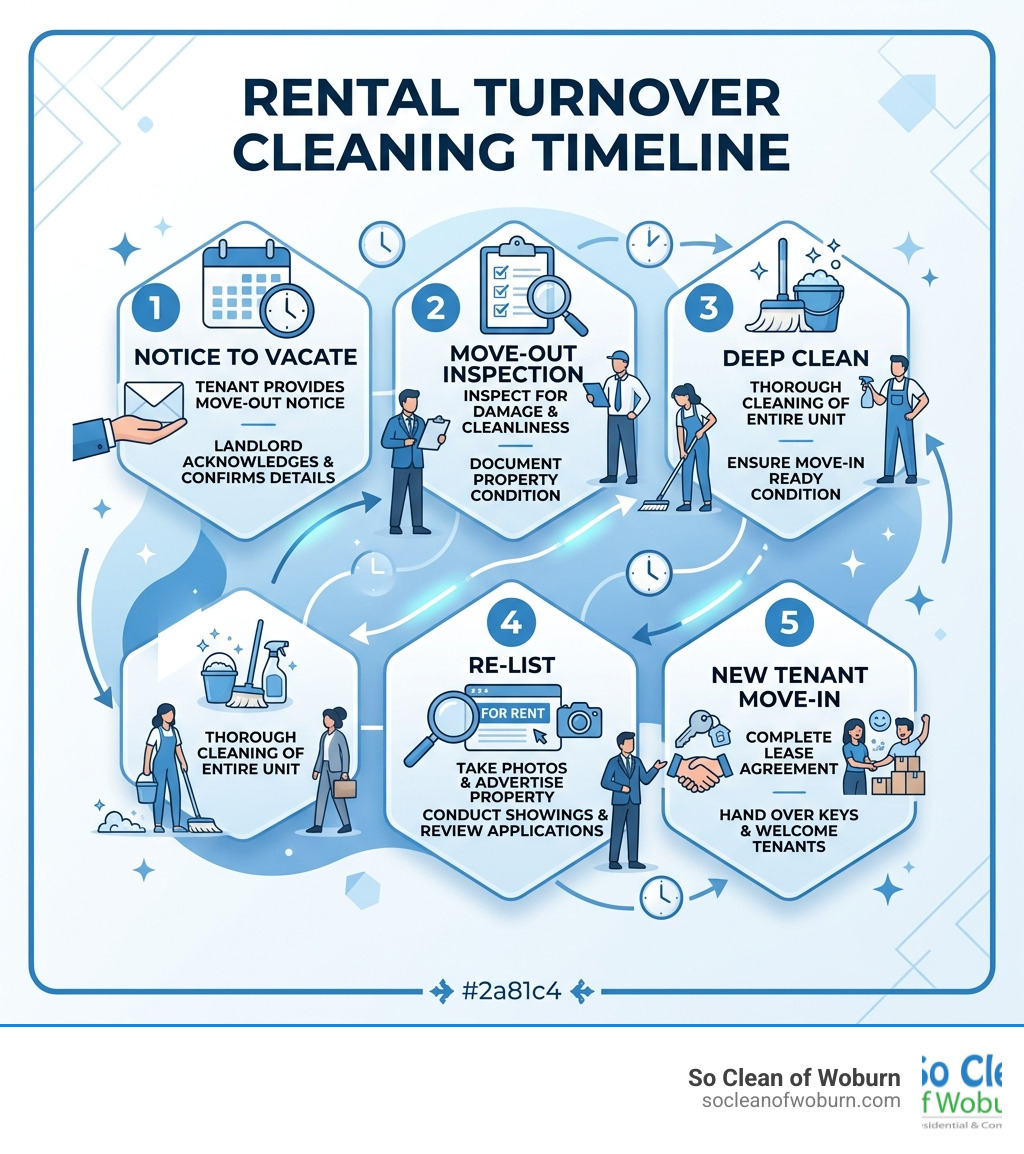 Rental turnover cleaning timeline infographic: notice to vacate, move-out inspection, deep clean, re-list, new tenant