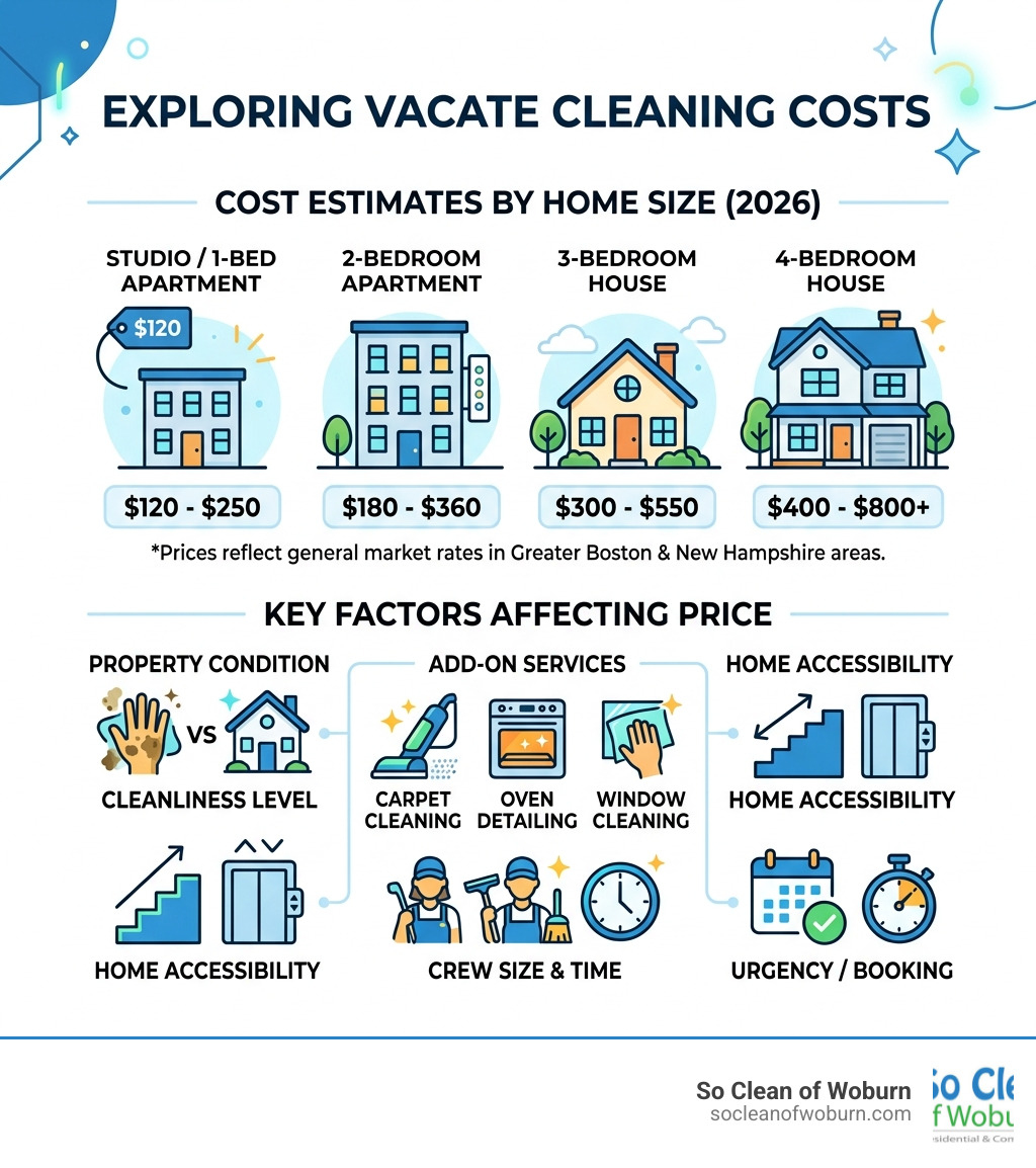 Infographic showing vacate cleaning cost ranges by home size and key factors affecting price - vacate clean cost infographic Infographic showing vacate cleaning cost ranges by home size and key factors affecting price - vacate clean cost infographic