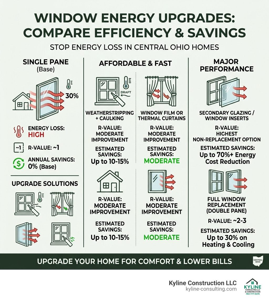 Infographic comparing single pane window energy loss to upgrade options with R-values and savings percentages - energy