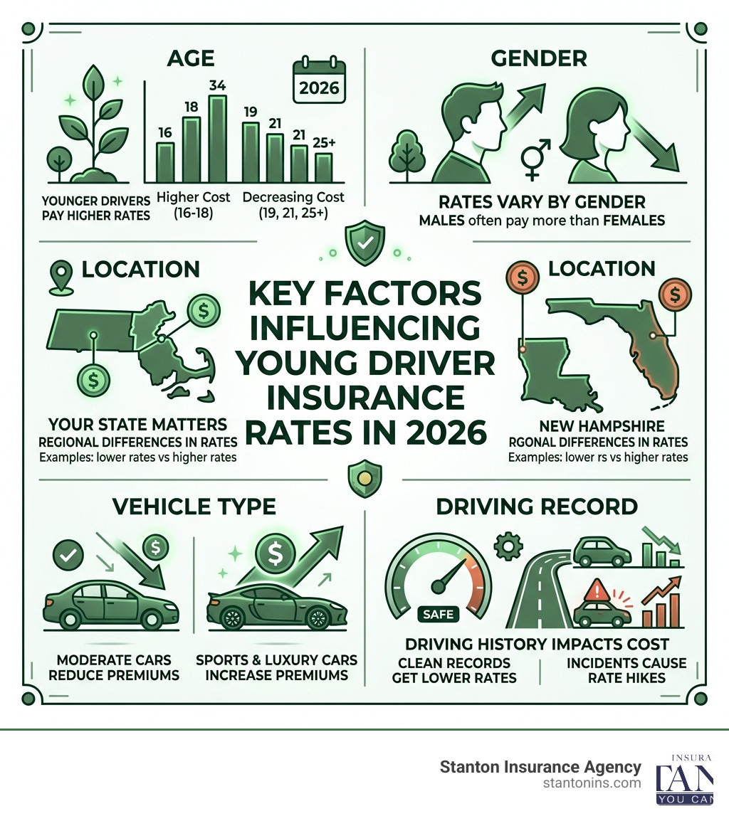 Infographic showing key factors that influence young driver insurance rates in 2026 including age, gender, location, vehicle Infographic showing key factors that influence young driver insurance rates in 2026 including age, gender, location, vehicle