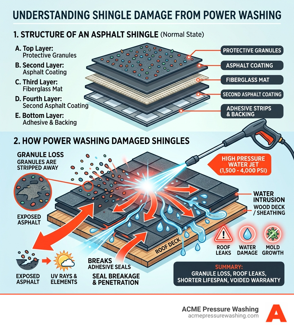 Layers of an asphalt shingle and how high pressure water penetrates them causing granule loss and water intrusion - power