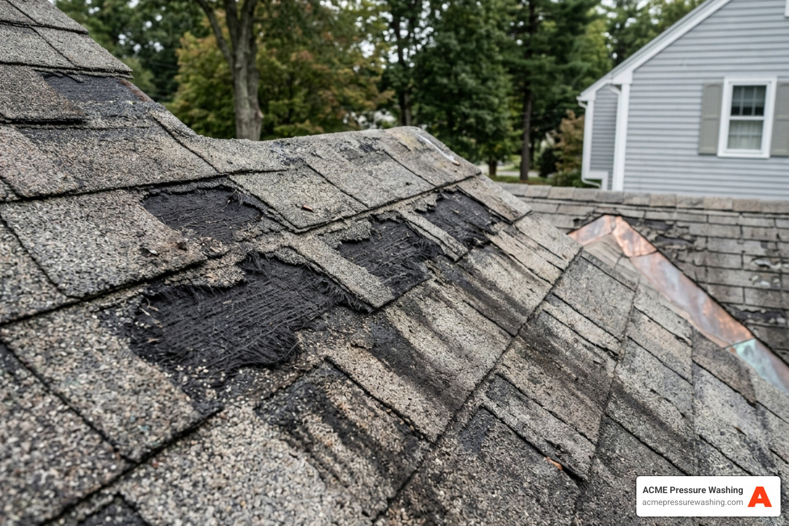 granule loss on a roof in Bedford, NH - power washing shingles