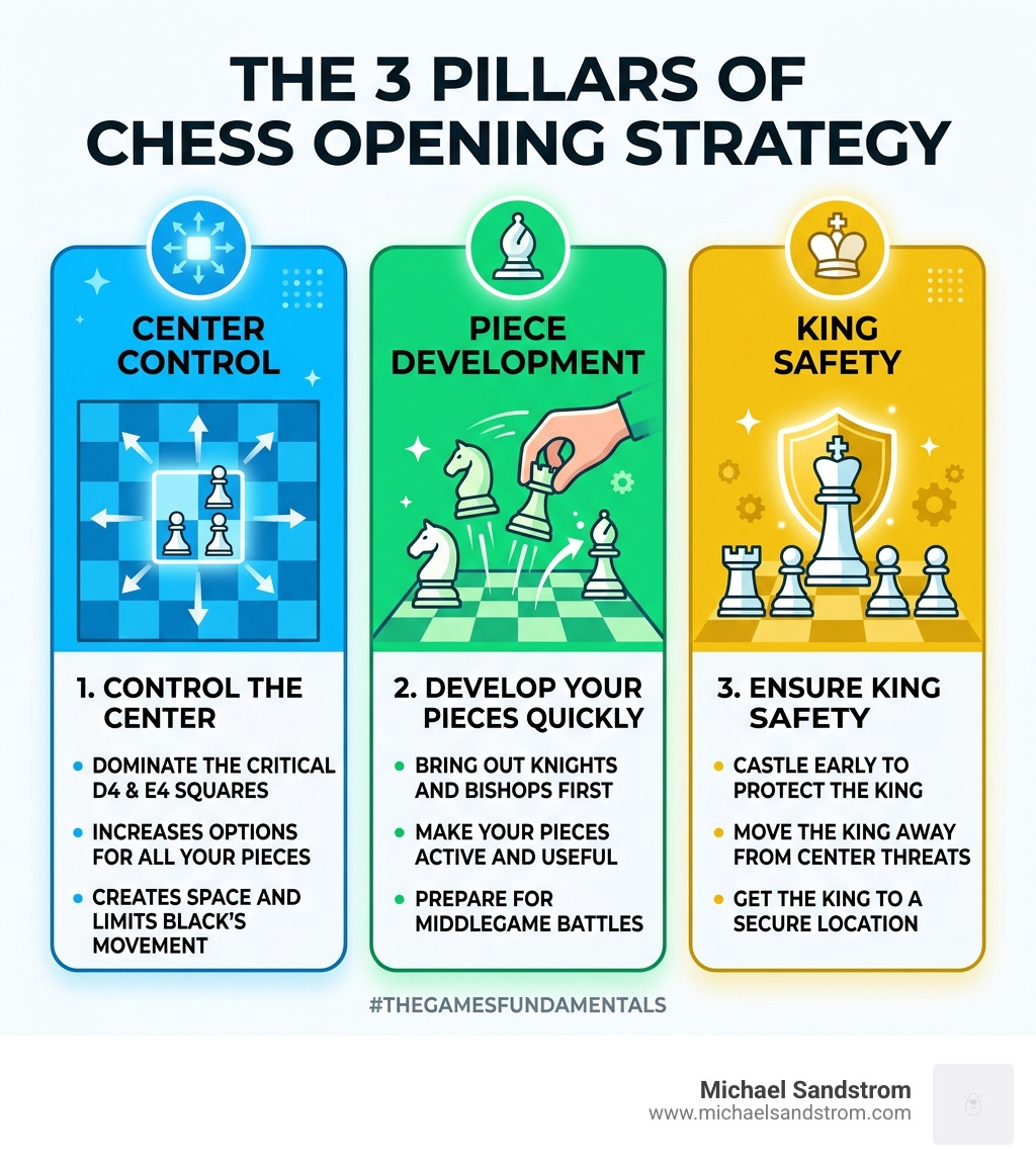 Infographic showing the three pillars of chess opening strategy: center control, piece development, and king safety - easy