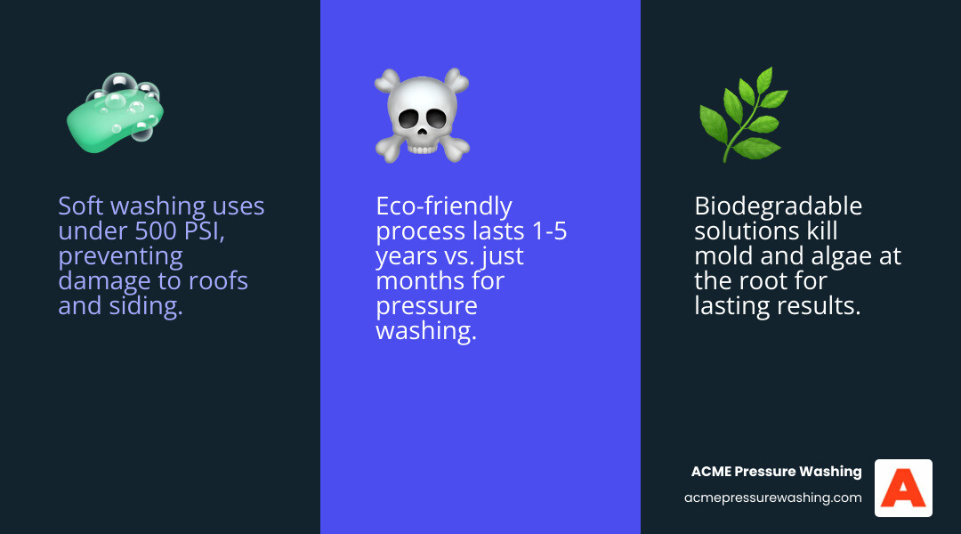 Infographic comparing soft washing vs pressure washing: PSI levels, longevity, surface safety, and root-kill effectiveness