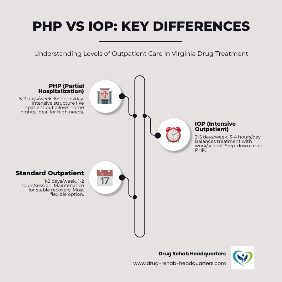 Infographic explaining the differences between PHP and IOP levels of care - Virginia drug treatment programs infographic