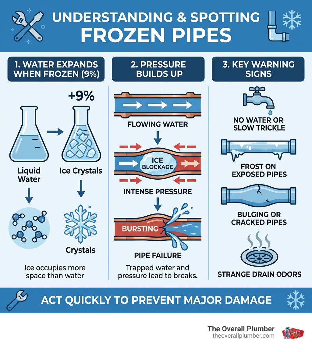Infographic showing water expanding 9% when frozen, pressure buildup in pipes, and key frozen pipe warning signs - frozen Infographic showing water expanding 9% when frozen, pressure buildup in pipes, and key frozen pipe warning signs - frozen