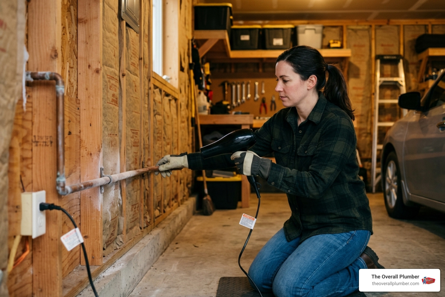 homeowner safely using a hair dryer on a pipe - frozen pipe plumber homeowner safely using a hair dryer on a pipe - frozen pipe plumber