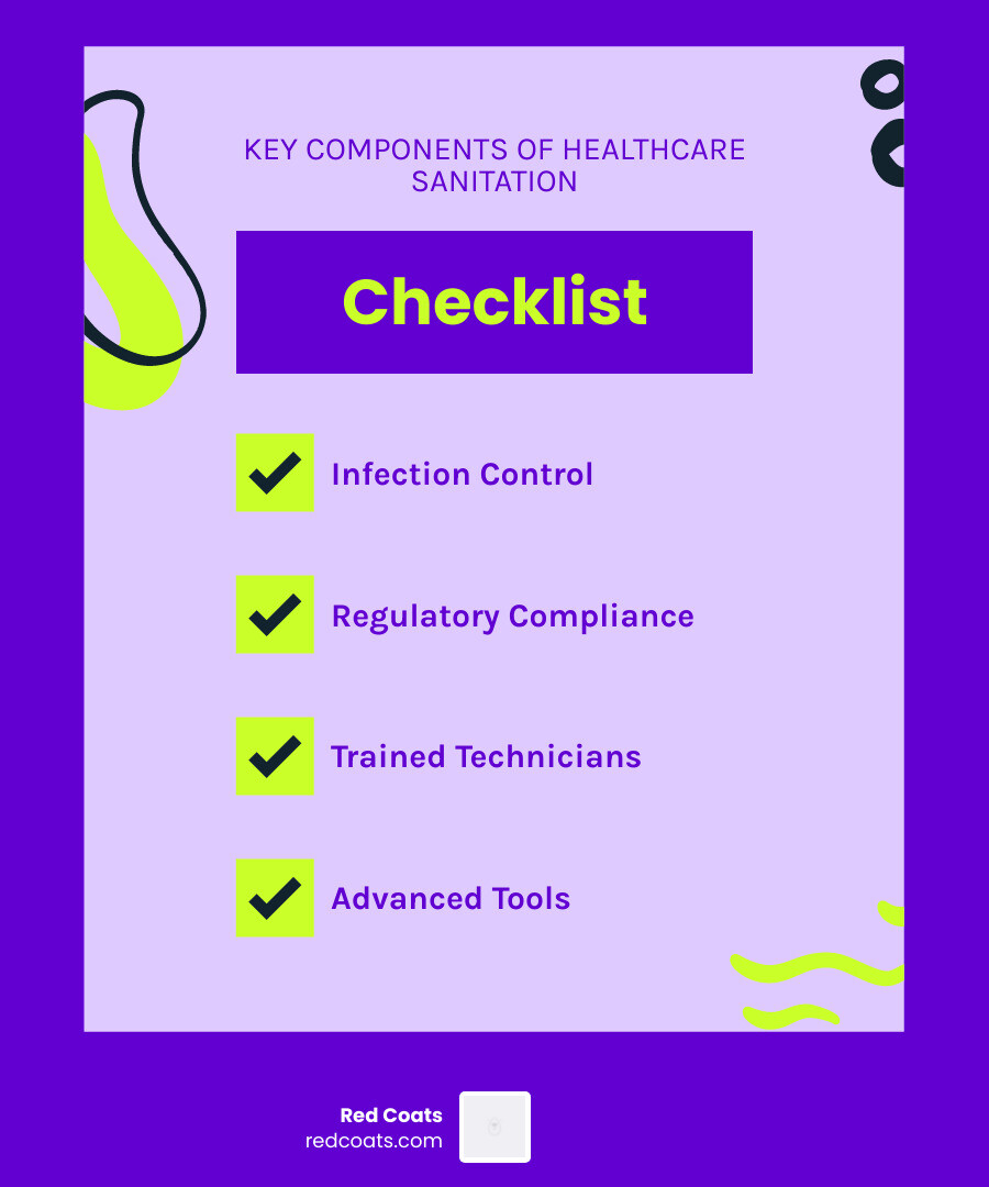 Infographic showing key components of healthcare office sanitation services: infection control, compliance, trained staff