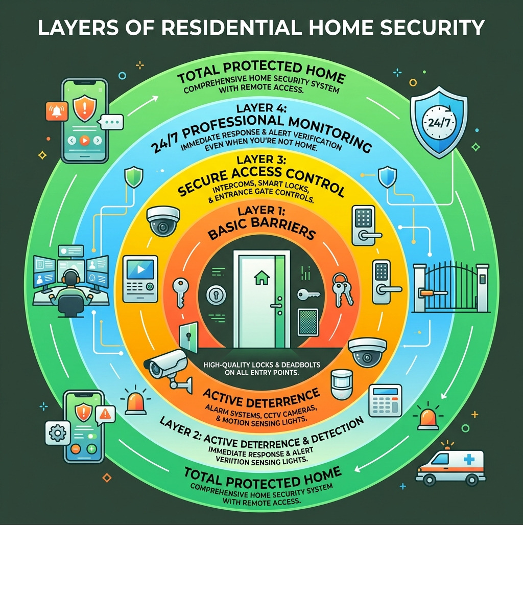 Infographic showing layers of residential home security from locks to professional monitoring - home security Gold Coast