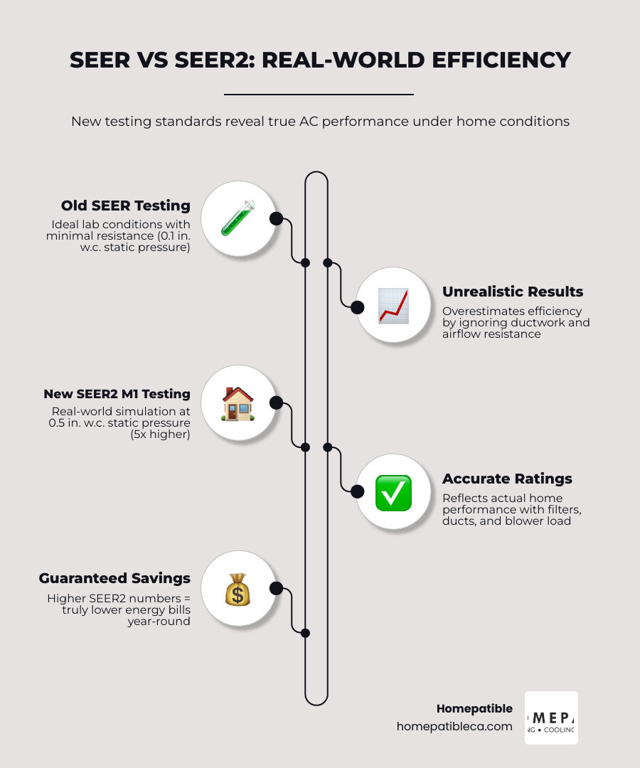 Infographic comparing SEER vs SEER2 testing conditions and energy savings by rating level - how higher seer2 ratings lower