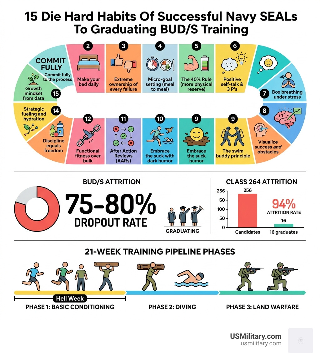 Infographic showing 15 die-hard BUD/S habits, attrition rate, and 21-week training pipeline phases - 15 Die Hard Habits Of