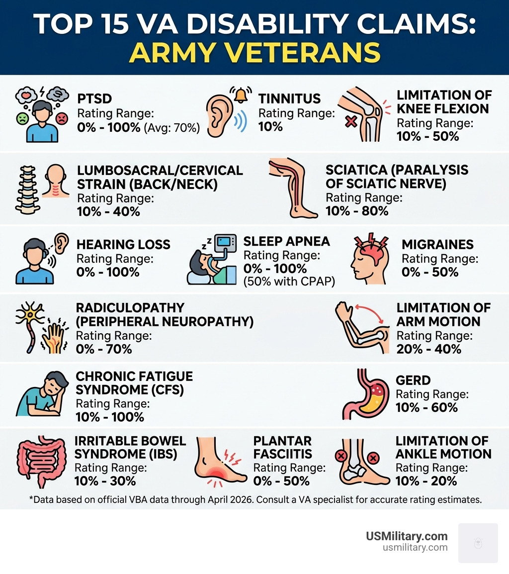 Infographic showing top 15 VA disability claims for Army veterans with rating ranges - Top 15 VA Military Disability Claims