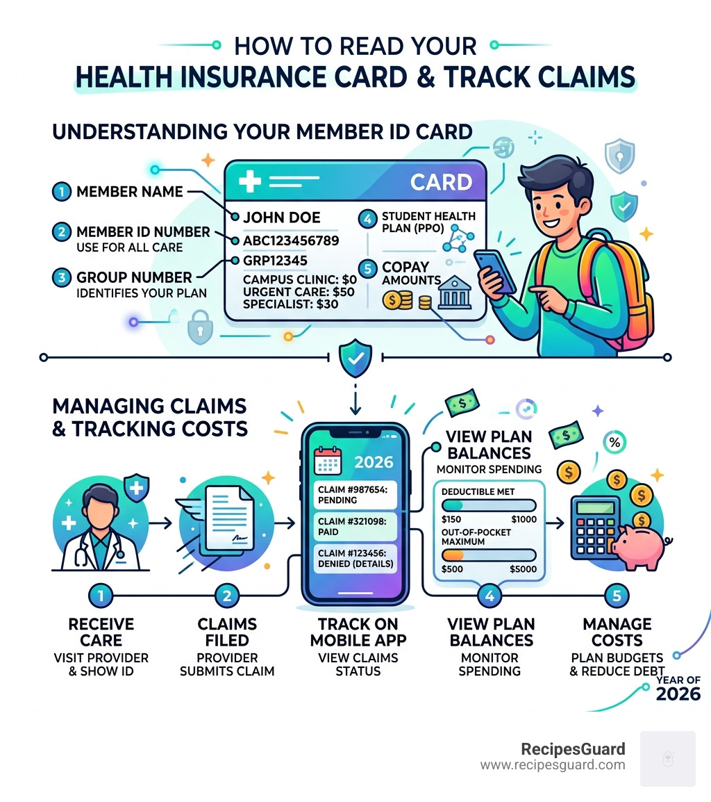 Infographic showing how to read a health insurance ID card and track claims - student health plans infographic 