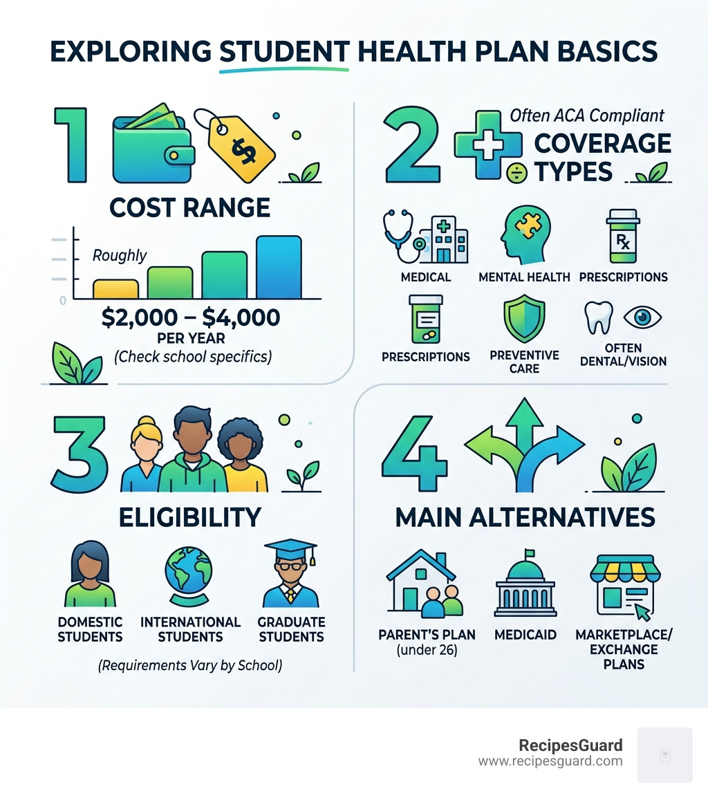Infographic showing student health plan basics: cost range, coverage types, eligibility, and alternatives - student health