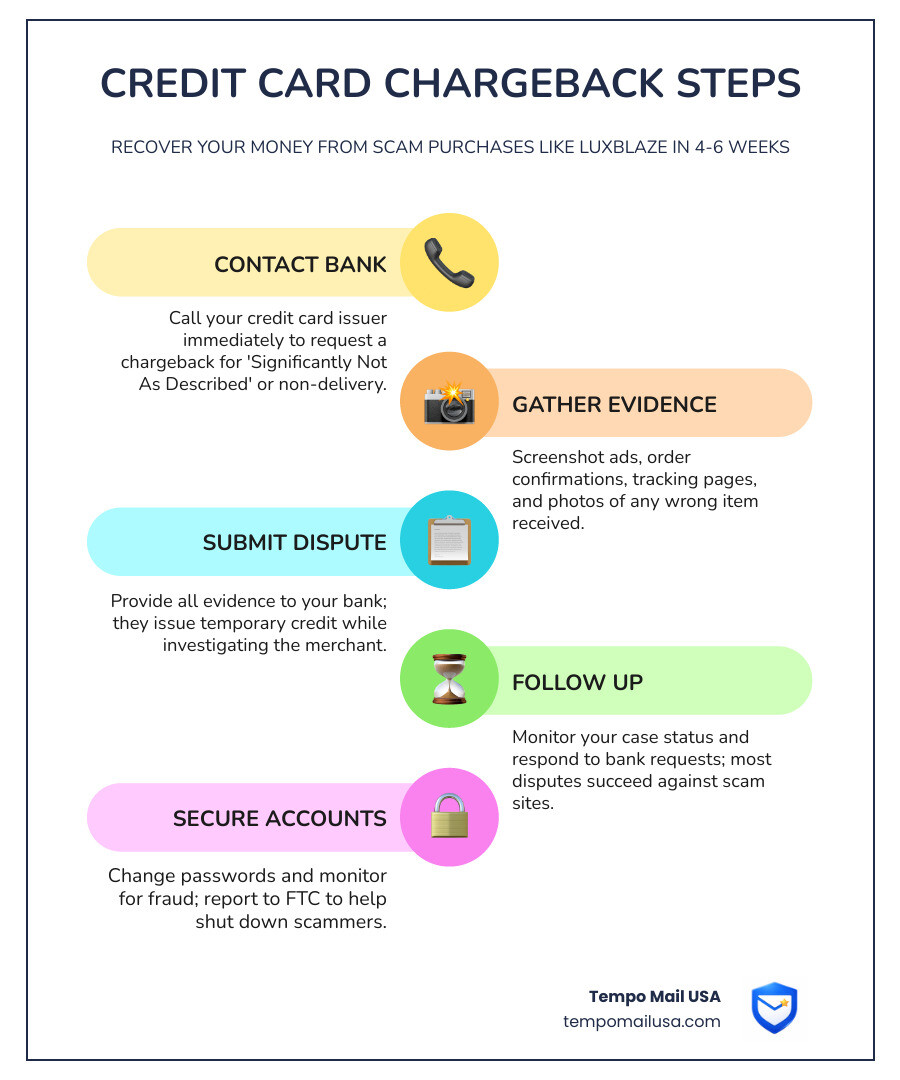 Graphic showing the steps of a credit card chargeback: Contact bank, provide evidence, temporary credit, final resolution