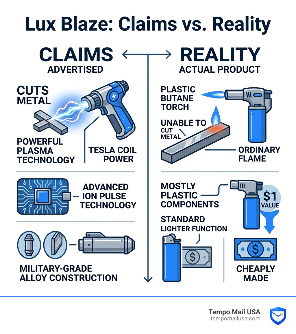 Infographic: Lux Blaze claims vs. Reality. Claims: Cuts metal, Tesla tech. Reality: Plastic butane torch, $1 value.