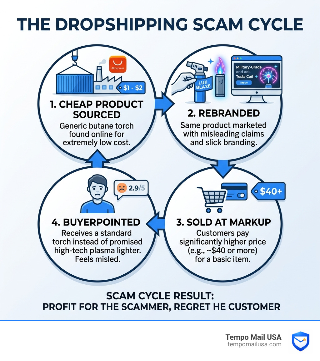 Dropshipping scam cycle infographic: cheap product sourced, rebranded, sold at markup, buyer disappointed - luxblaze scam
