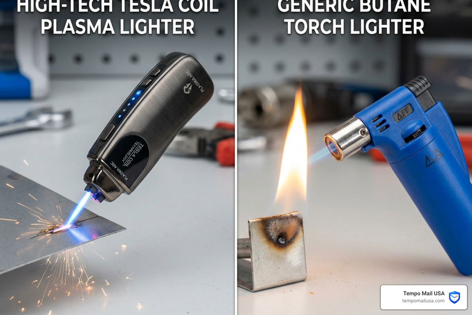 Comparison: advertised high-tech plasma arc vs. generic butane lighter received by customers - luxblaze scam