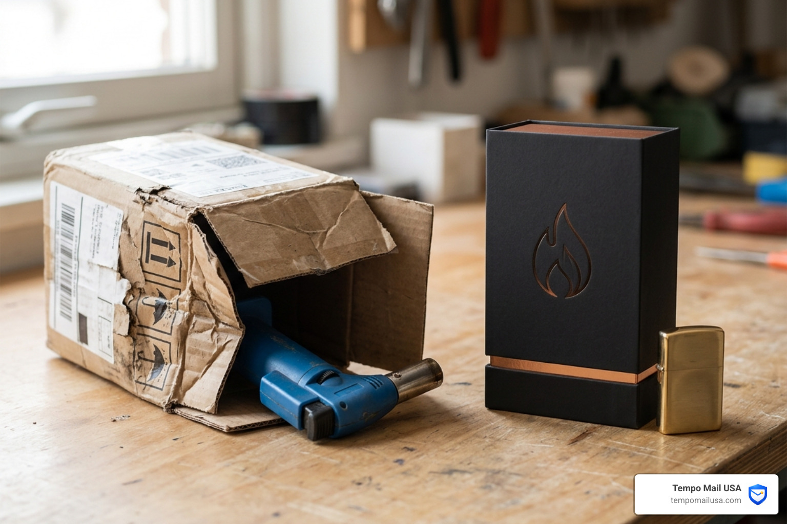 Photo of a cheap, flimsy plastic lighter that arrived in a crushed box, contrasting with the "luxury" brand name - luxblaze