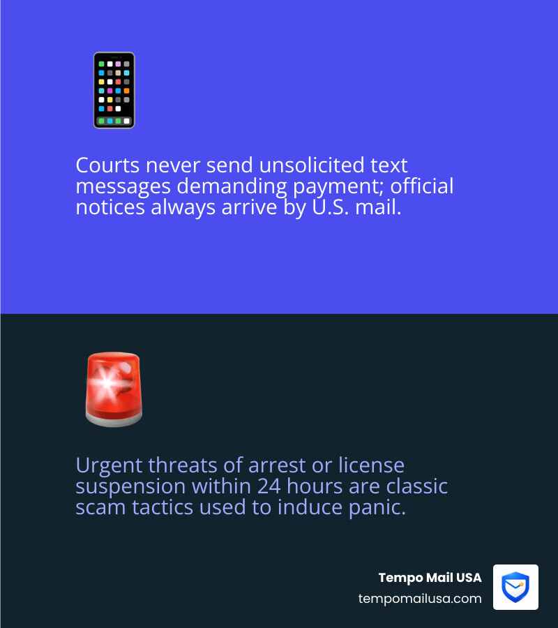 Infographic showing 5 signs of a court scam: unsolicited text, QR codes, urgent threats, non-gov links, and out of state Infographic showing 5 signs of a court scam: unsolicited text, QR codes, urgent threats, non-gov links, and out of state