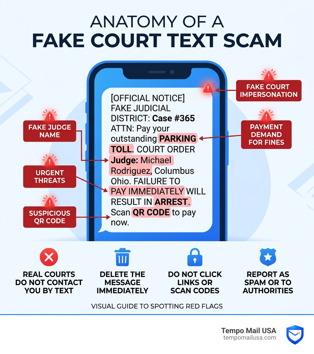 Anatomy of a fake court text scam showing red flags like QR codes fake judge names and urgent threats - judge michael Anatomy of a fake court text scam showing red flags like QR codes fake judge names and urgent threats - judge michael
