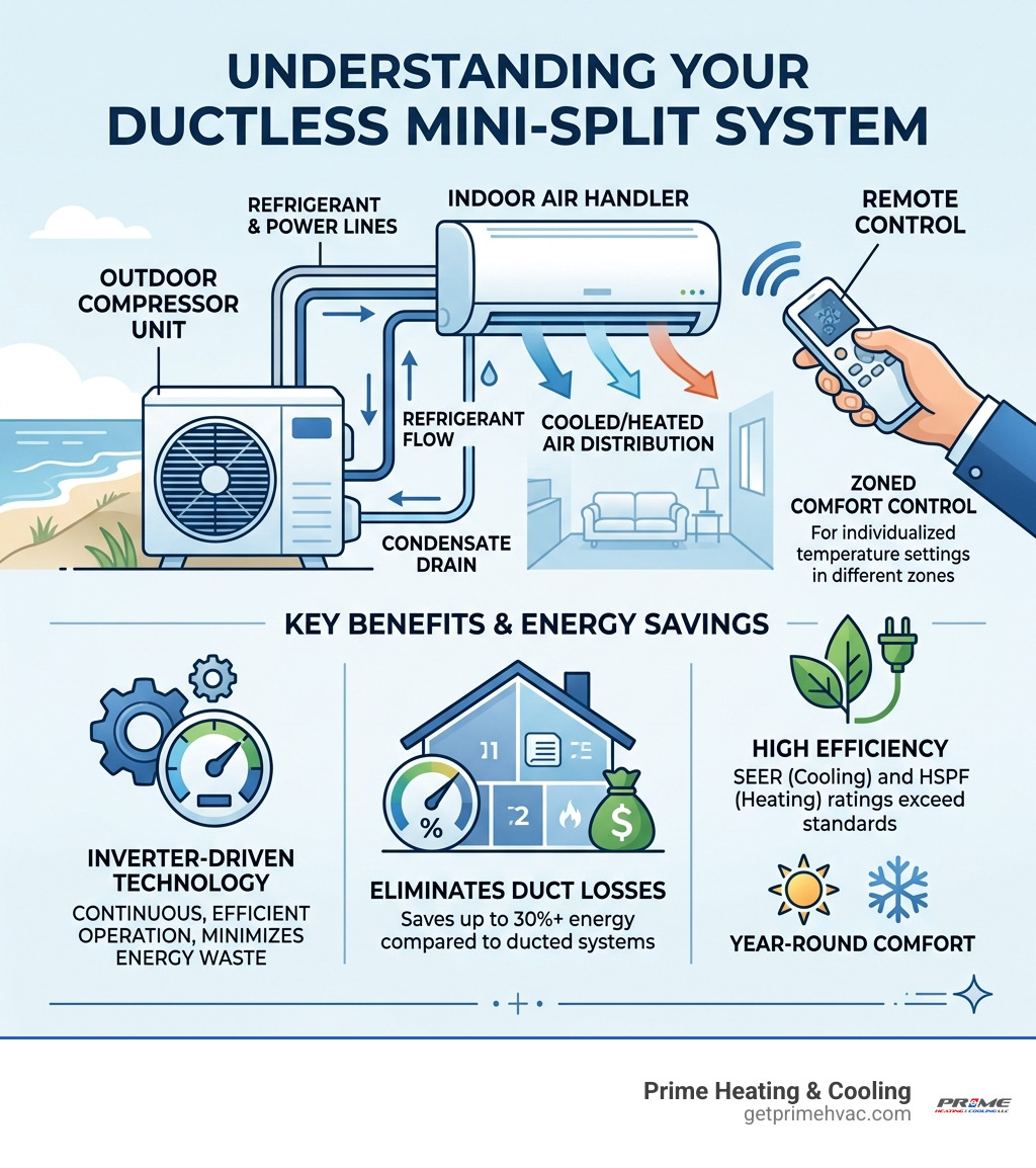 Infographic showing components of a ductless mini split system including outdoor compressor, indoor air handler, refrigerant