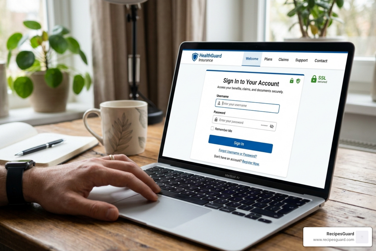 laptop screen showing an insurance member portal login page - claim student insurance australia