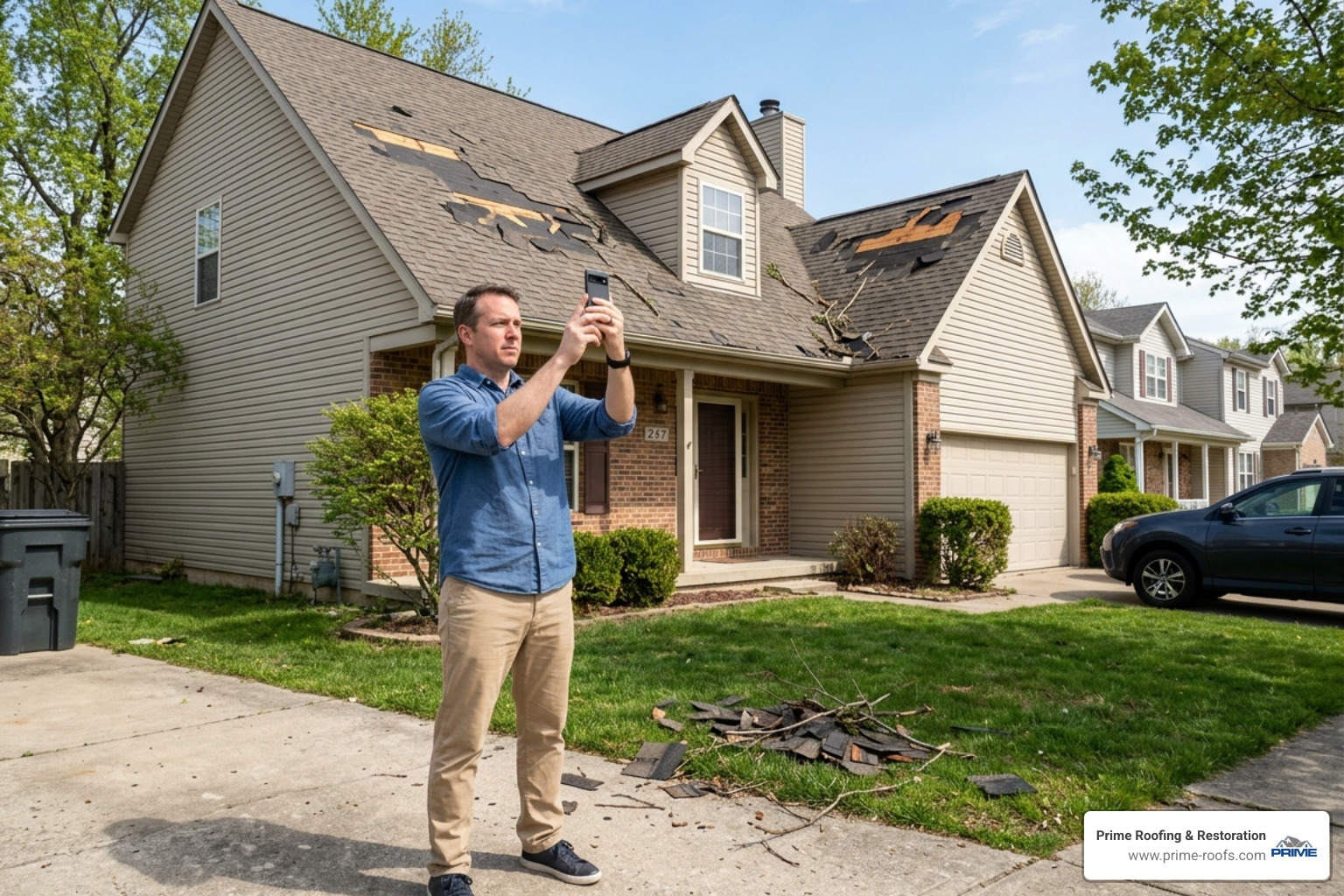 Homeowner safely documenting roof damage from the ground with a smartphone - storm damage restoration near me Homeowner safely documenting roof damage from the ground with a smartphone - storm damage restoration near me