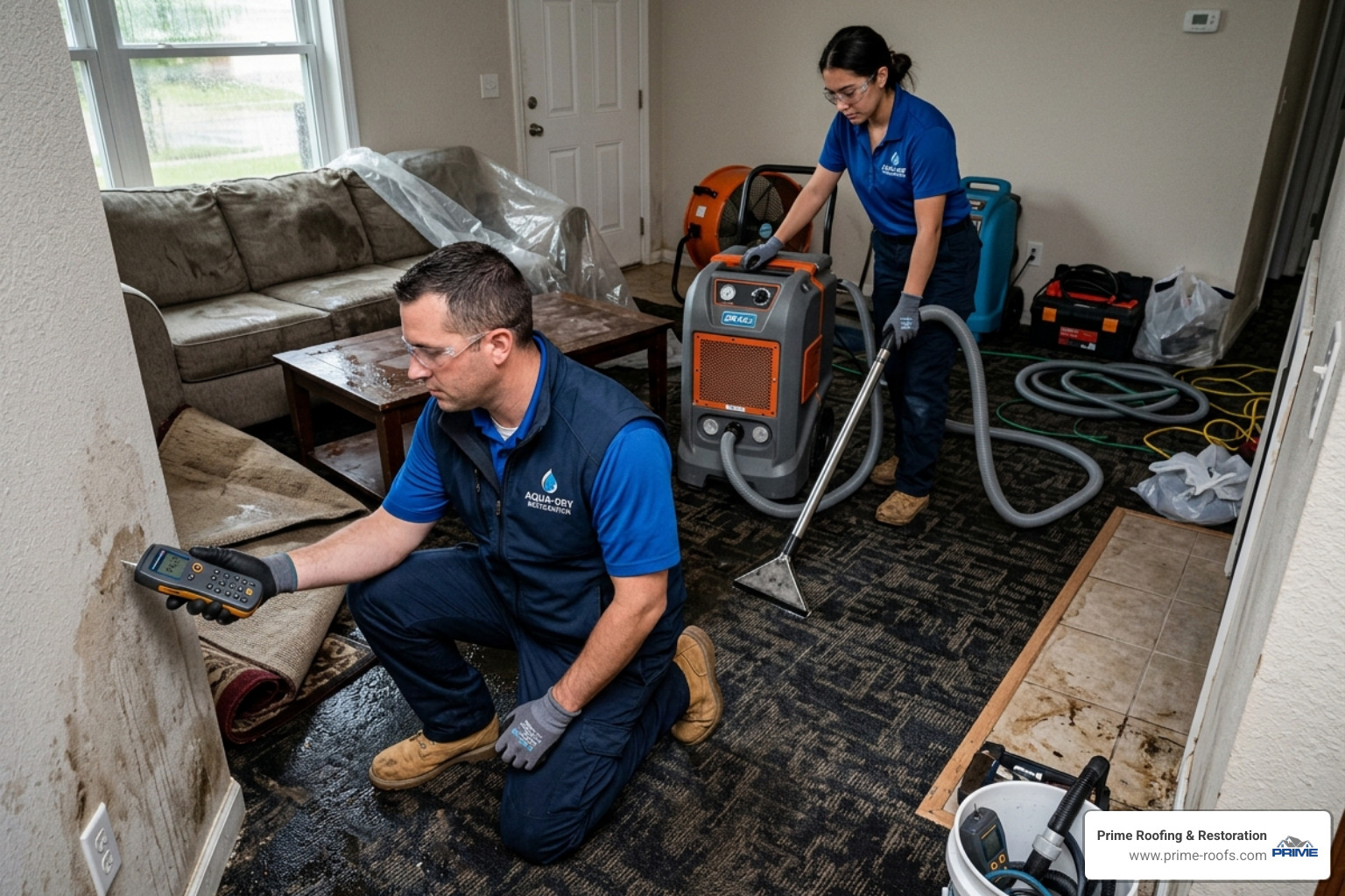 Technicians using moisture meters and water extraction equipment in a damaged living room - storm damage restoration near me Technicians using moisture meters and water extraction equipment in a damaged living room - storm damage restoration near me