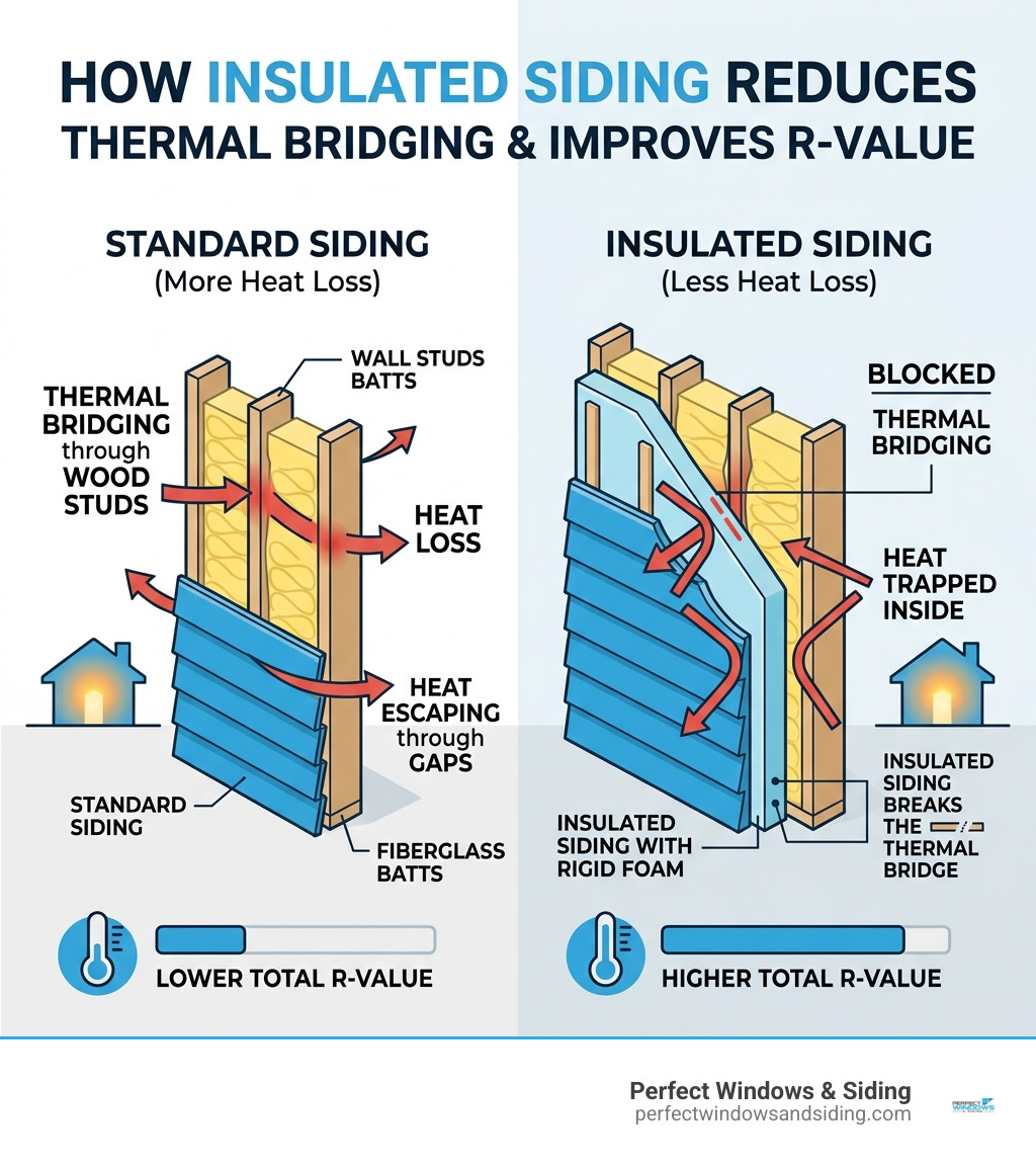 Infographic showing how insulated siding reduces thermal bridging and improves R-value - types of siding for home Infographic showing how insulated siding reduces thermal bridging and improves R-value - types of siding for home