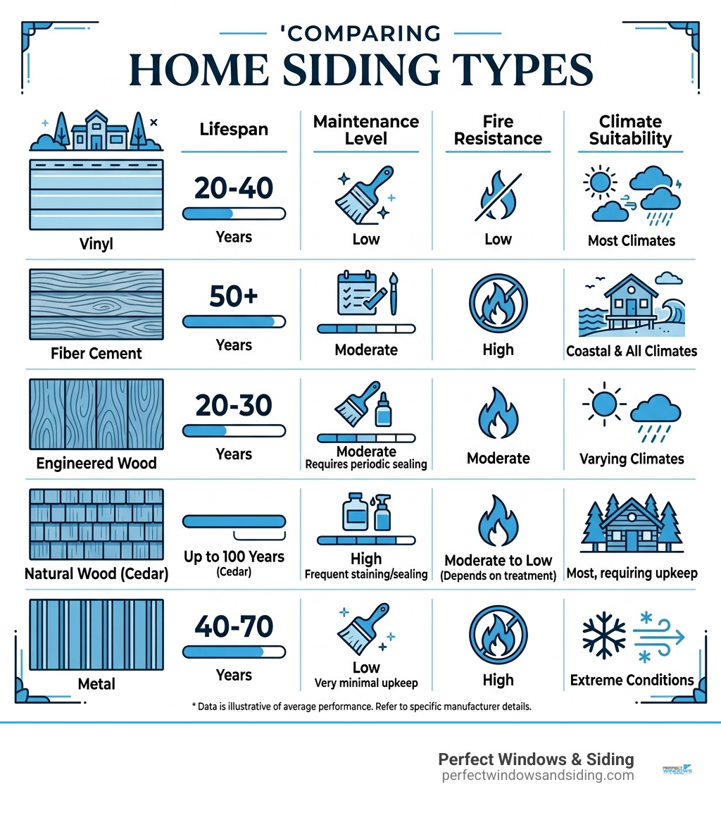 Infographic comparing siding types by lifespan, maintenance level, fire resistance, and climate suitability - types of Infographic comparing siding types by lifespan, maintenance level, fire resistance, and climate suitability - types of
