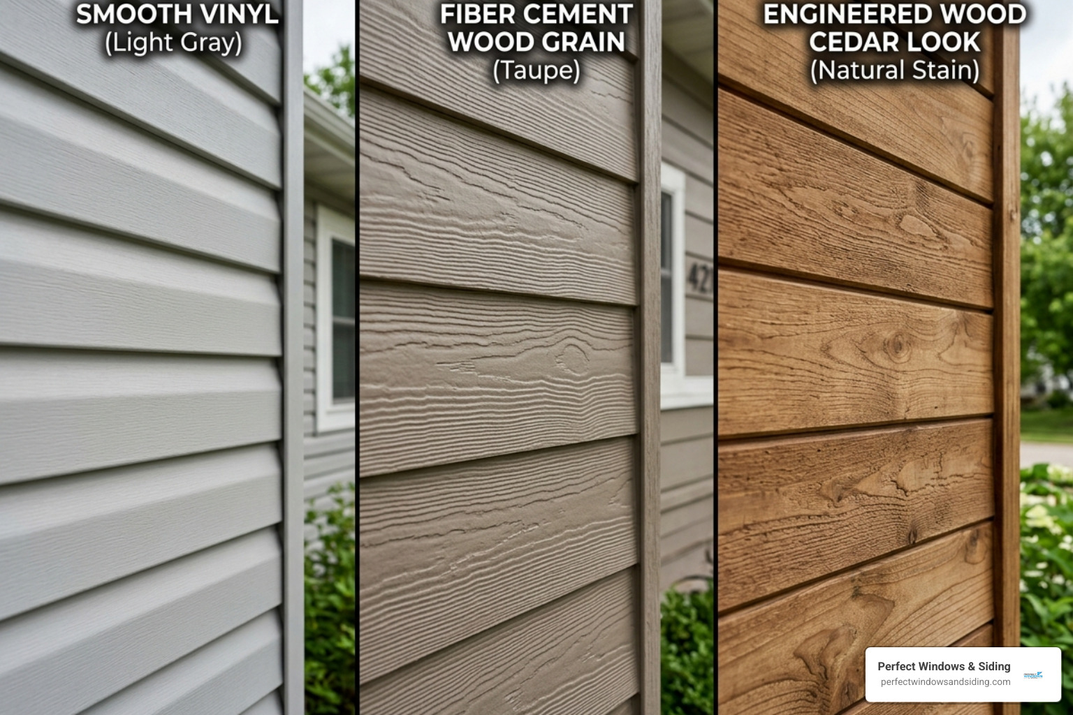 Close-up comparison of vinyl, fiber cement, and engineered wood siding textures - types of siding for home Close-up comparison of vinyl, fiber cement, and engineered wood siding textures - types of siding for home