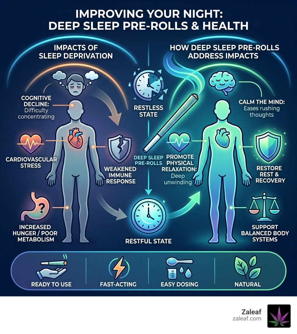 Infographic showing sleep deprivation health impacts and how deep sleep pre-rolls address them - deep sleep pre-rolls