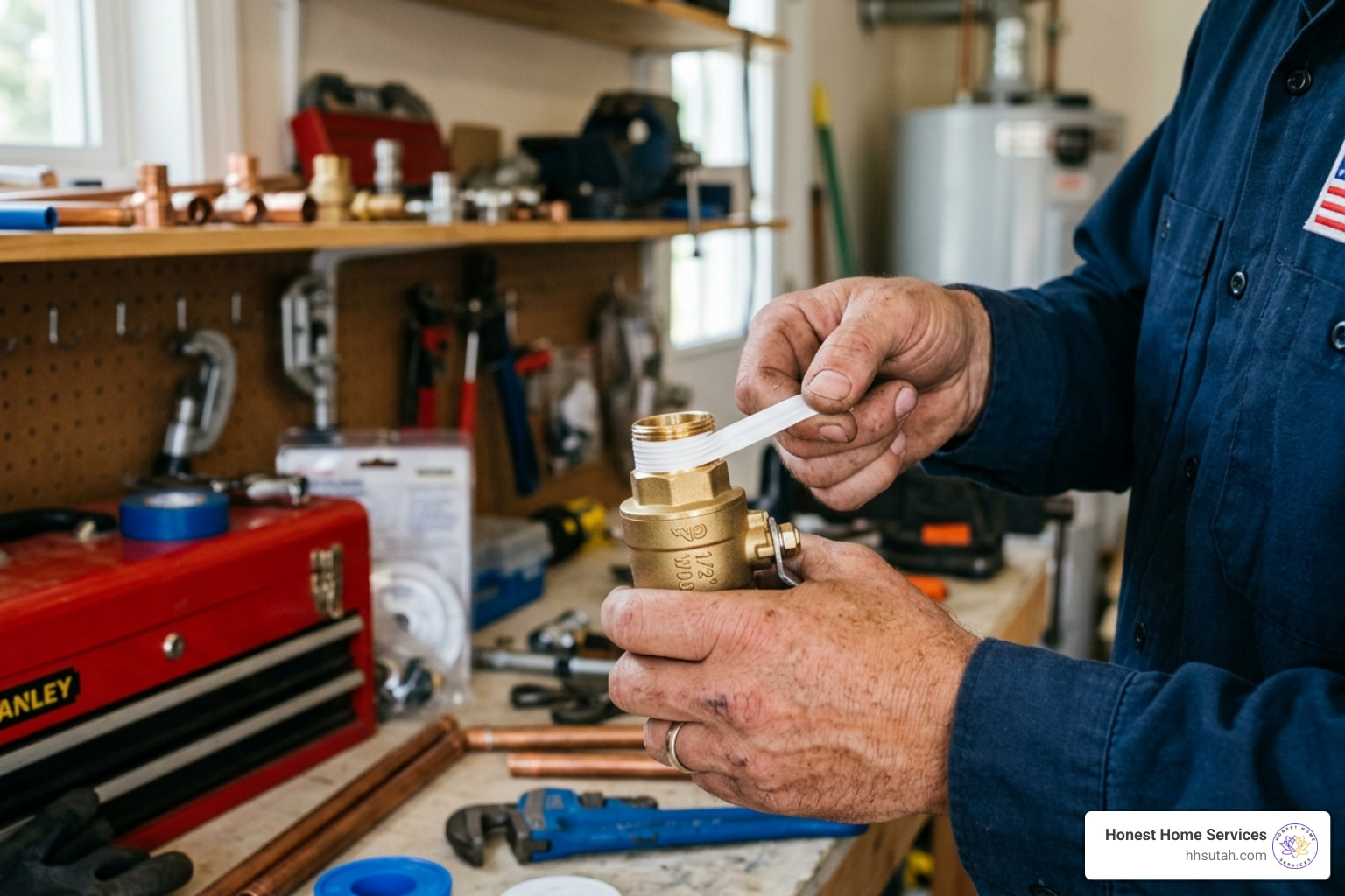 A technician carefully applying PTFE pipe tape to the threads of a new brass valve - hot water cylinder valve replacement A technician carefully applying PTFE pipe tape to the threads of a new brass valve - hot water cylinder valve replacement