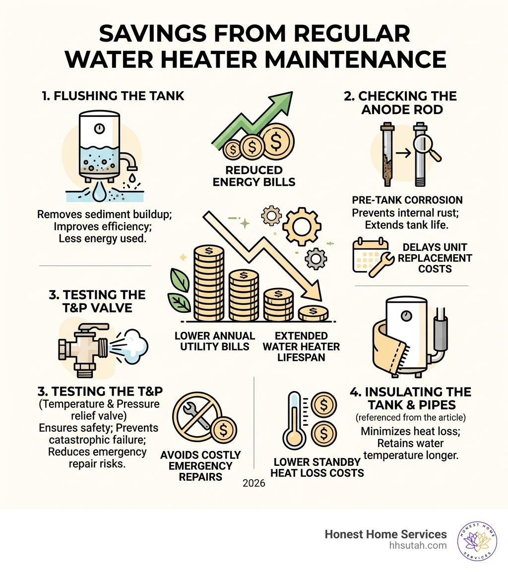 Infographic showing how much you can save on utility bills by performing regular water heater maintenance - hot water Infographic showing how much you can save on utility bills by performing regular water heater maintenance - hot water