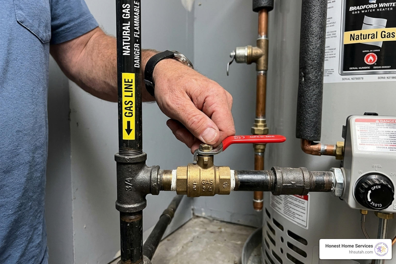 Turning off a gas supply line to a water heater - hot water cylinder valve replacement Turning off a gas supply line to a water heater - hot water cylinder valve replacement