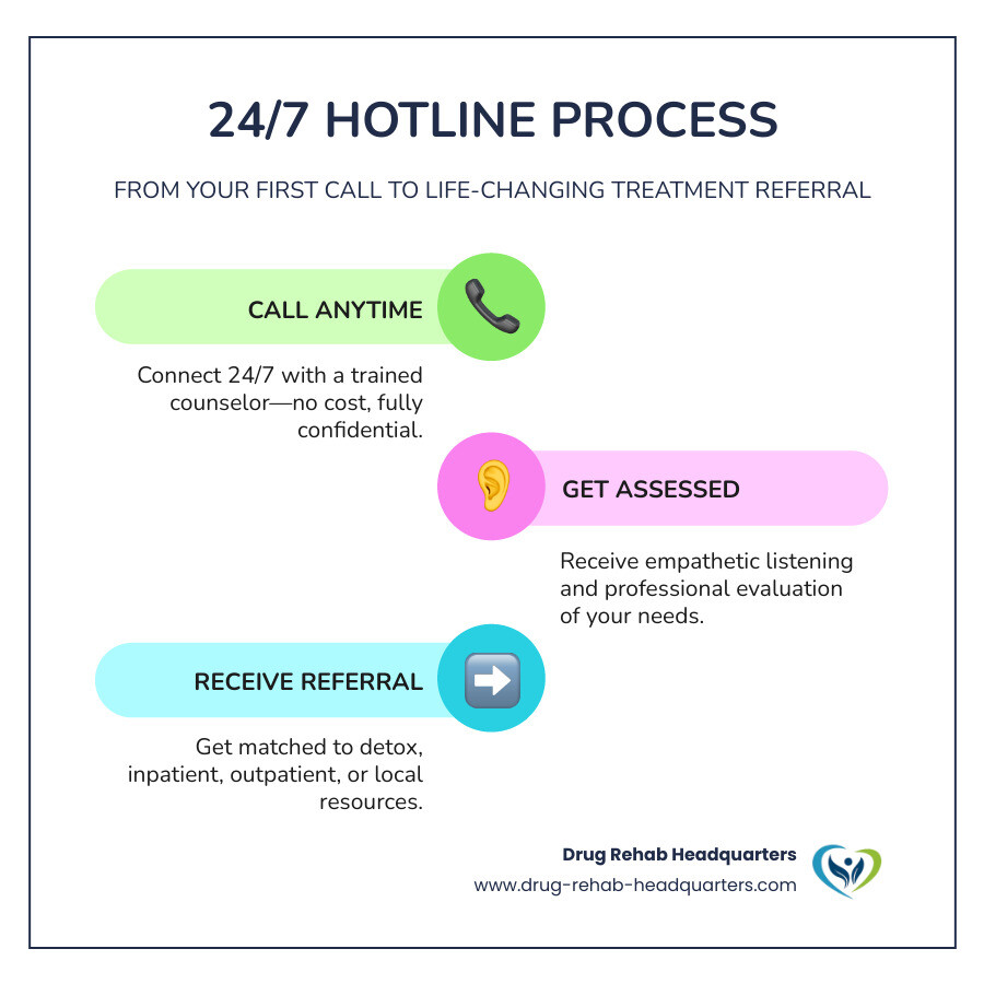 Infographic showing the 24/7 hotline process from initial call to treatment referral for addiction support - free addiction