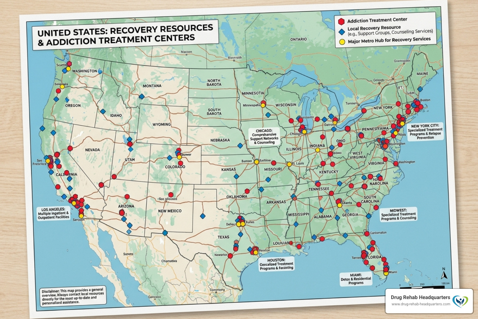 A map highlighting local recovery resources and treatment centers across the United States - free addiction support hotline