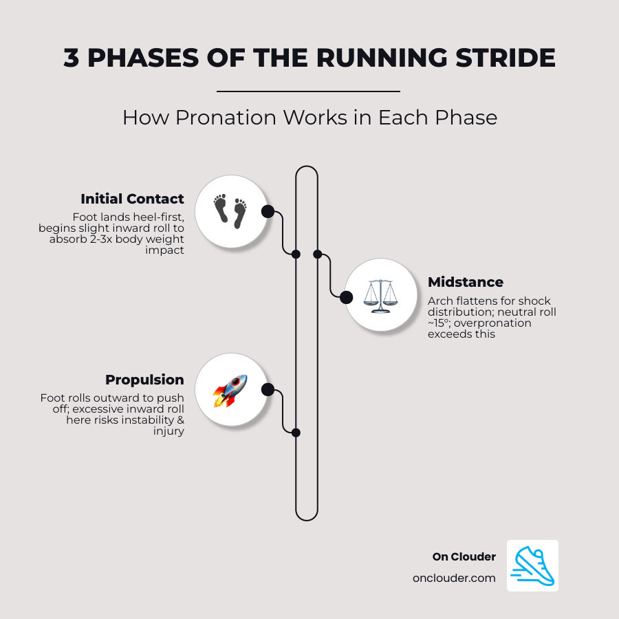Infographic showing three phases of running stride with pronation types and quick facts - running over pronation infographic