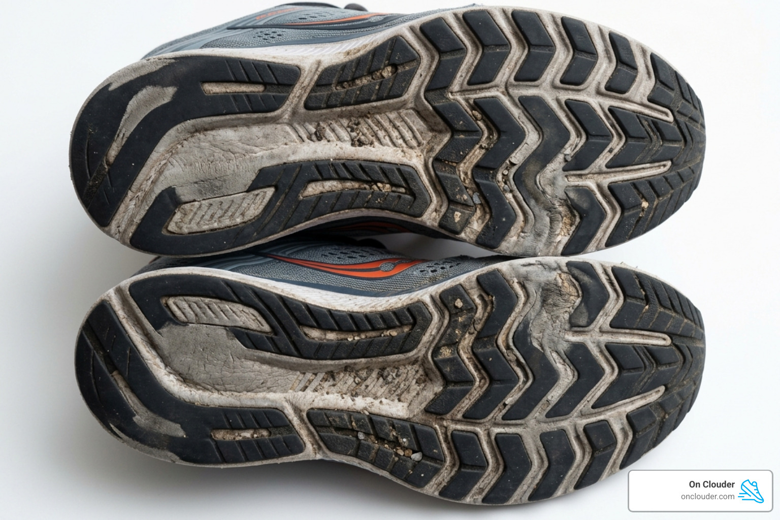 Running shoe outsoles showing medial wear patterns - running over pronation