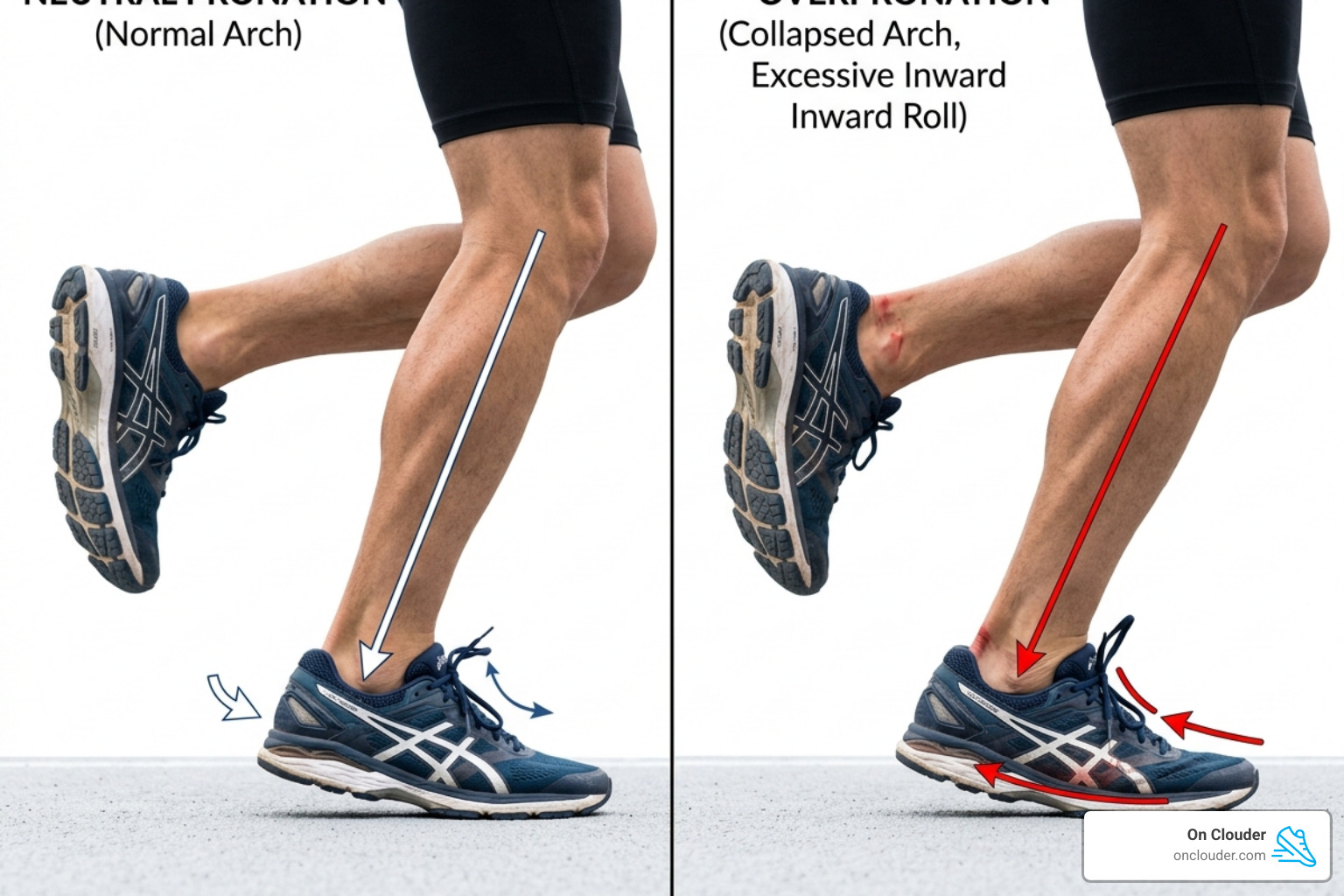 Comparison of neutral gait versus overpronation showing arch collapse - running over pronation
