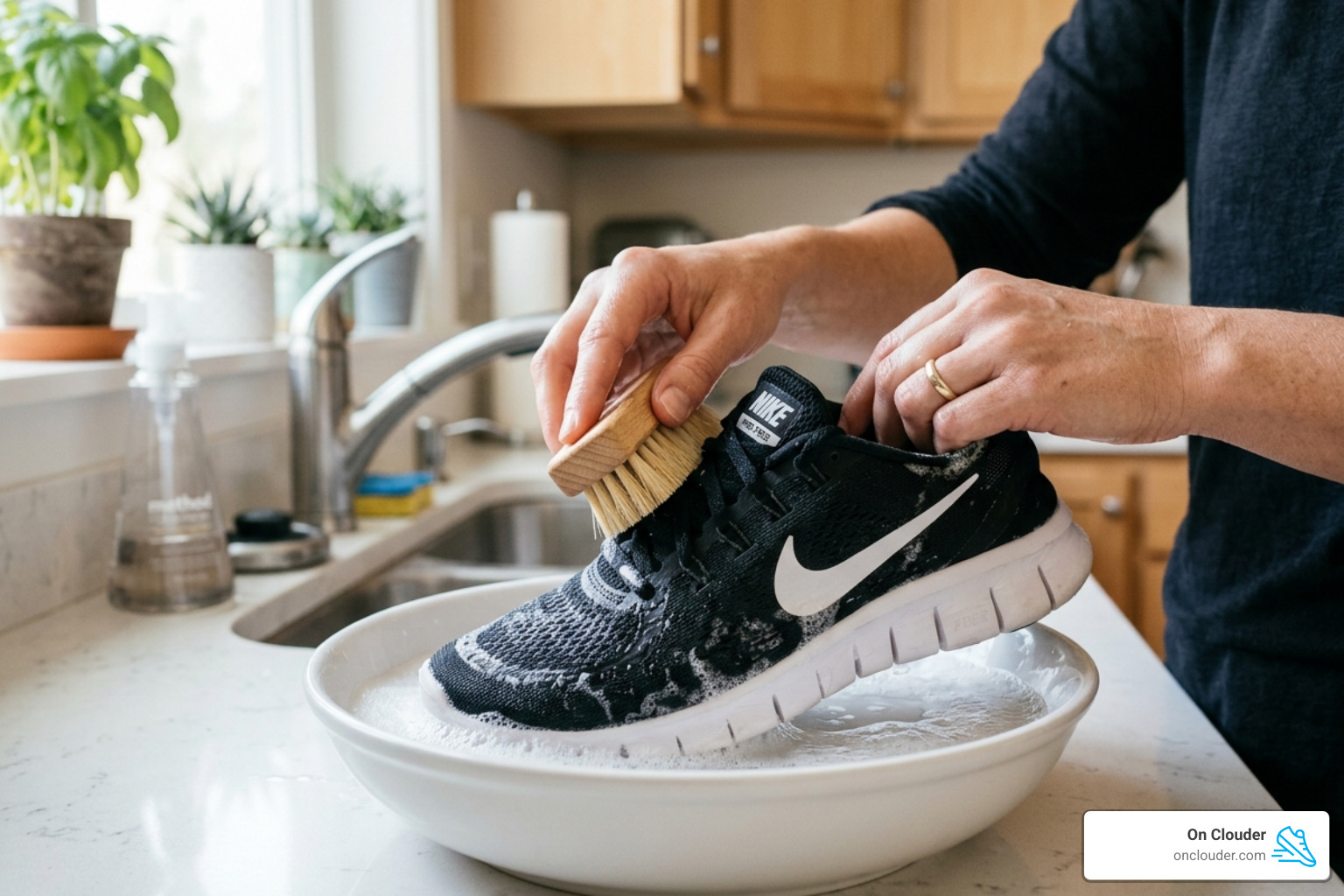 A person gently hand washing a Nike Free Run shoe with a soft brush - can you wash nike free runs