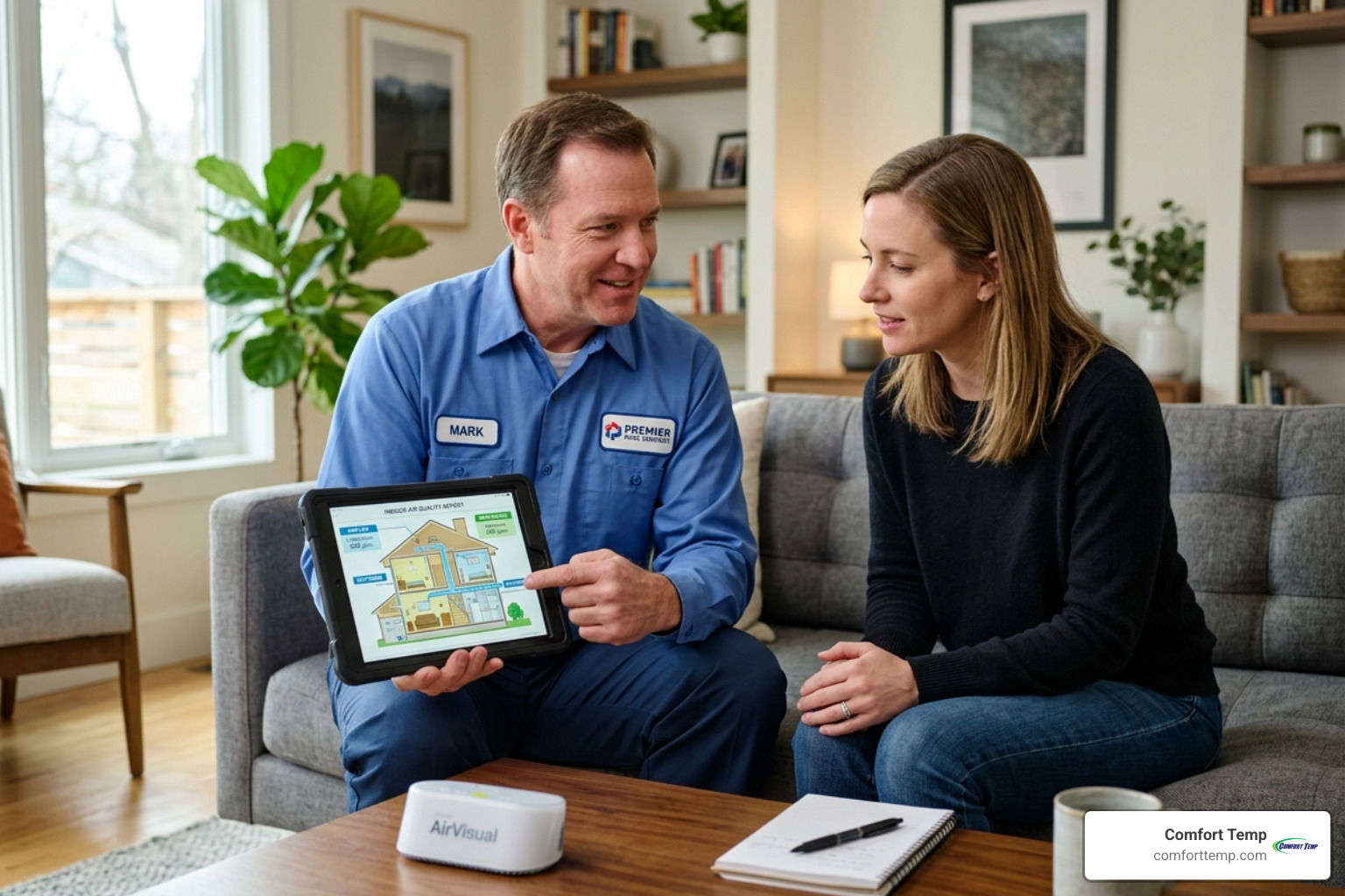 A homeowner discussing air quality test results with a professional HVAC technician in a blue uniform, pointing to a diagram A homeowner discussing air quality test results with a professional HVAC technician in a blue uniform, pointing to a diagram