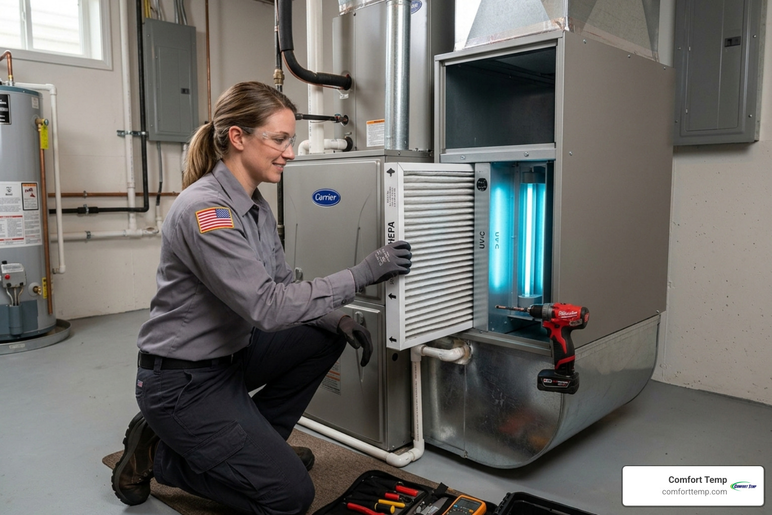 A technician installing a whole-home air purification system into an HVAC unit, with a focus on the advanced filtration A technician installing a whole-home air purification system into an HVAC unit, with a focus on the advanced filtration