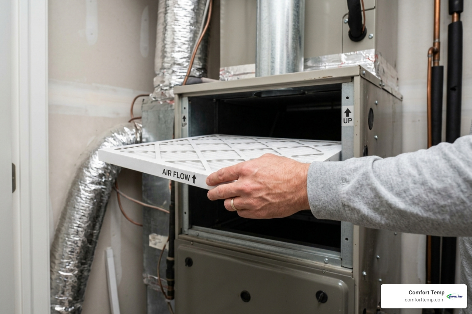 A close-up of a clean HVAC filter being inserted into a unit, emphasizing the importance of regular maintenance for air A close-up of a clean HVAC filter being inserted into a unit, emphasizing the importance of regular maintenance for air