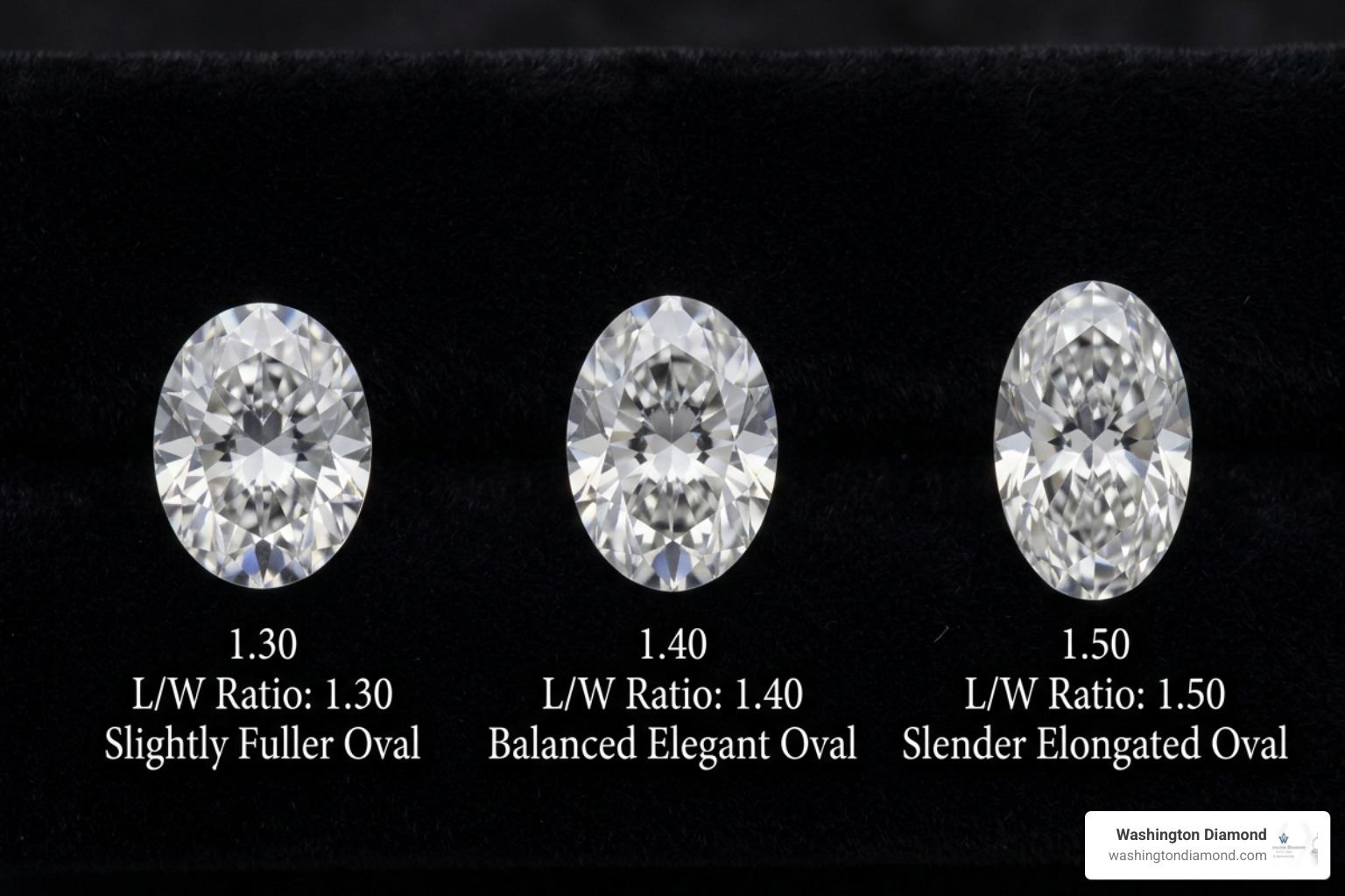 Comparison of oval diamond length-to-width ratios from 1.30 to 1.50 - 1 carat oval loose diamond Comparison of oval diamond length-to-width ratios from 1.30 to 1.50 - 1 carat oval loose diamond
