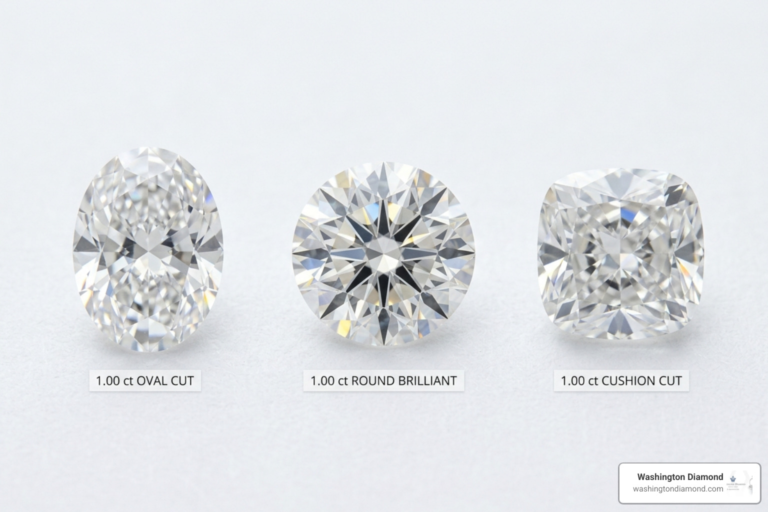 Side-by-side comparison of 1 carat oval, round, and cushion cut diamonds - 1 carat oval loose diamond Side-by-side comparison of 1 carat oval, round, and cushion cut diamonds - 1 carat oval loose diamond